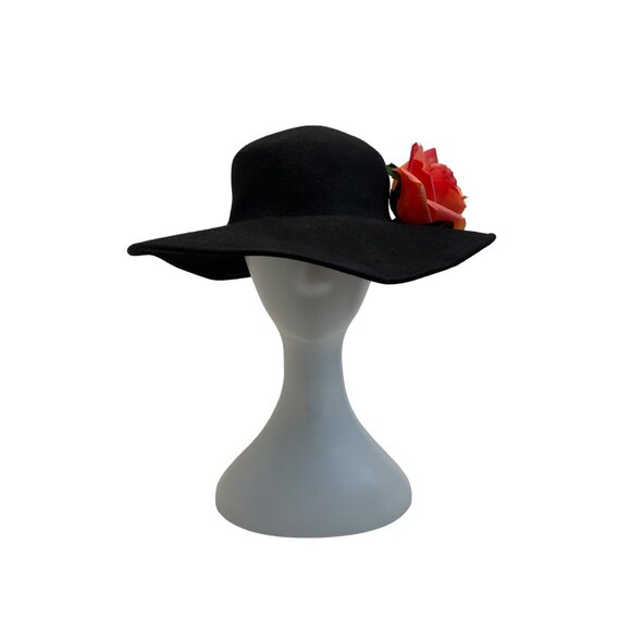 Black Wool Wide-Brim Fedora Hat With Red Floral Embellishment - Picture 1 of 7